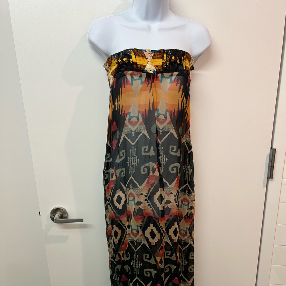 Agua Bendita Beaded Southwestern Print Tube Dress Small